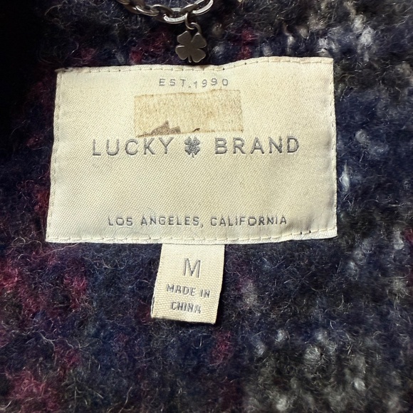 Lucky Brand Cozy fuzzy plaid overcoat in deep plum, charcoal, and soft grey - Picture 7 of 8